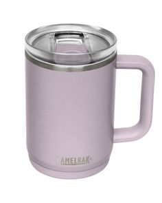 the camelbak coffee mug has a handle and is light purple with silver trim