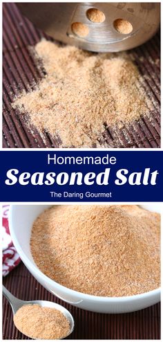 homemade seasoned salt in a white bowl with spoons on the side and text overlay that reads homemade seasoned salt