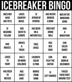 the icebreakerr bingo game is shown in black and white