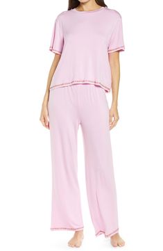 Short-sleeve pajamas in a blissfully soft knit you'll want to live in are traced with colorful embroidery. 21 1/2" top length; 28" inseam; 10 1/2" leg opening; 11 1/2" front rise; 14 1/2" back rise Top has crewneck; short sleeves Pants have drawstring waist 95% rayon, 5% spandex Machine wash, line dry Imported Comfortable Matching Sleepwear Set For Spring, Comfortable Matching Set Sleepwear For Spring, Casual Loungewear Sleepwear For Spring, Casual Spring Sleepwear For Loungewear, Casual Spring Loungewear Sleepwear, Comfortable Relaxed Fit Sleepwear For Spring, Pink Sleepwear For Loungewear In Spring, Pink Sleepwear For Spring Loungewear, Comfortable Daywear Sleepwear For Spring