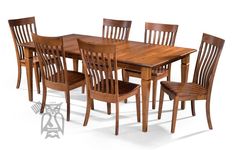 a wooden dining table with six chairs around it