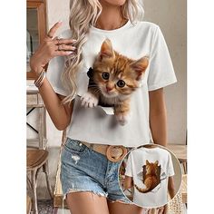 Category:T-shirt; Season:Summer; Fabric:Polyester; Sleeve Length:Short Sleeve; Look After Me:Machine wash,Washable,Wet and Dry Cleaning; Gender:Women's; Style:Fashion; Elasticity:Micro-elastic; Tops Type:T Shirt; Occasion:Daily,Weekend; Top Length:Regular Tops; Fit Type:Regular Fit; Pattern:Cat; Design:Print; Neckline:Round Neck; Brand:Shall We; Listing Date:05/22/2024; Bust:null; Length:null; Sleeve:null; Fit US Size:null; Fit UK Size:null; Fit EU Size:null; Print Type:3D Print; Text Word:3D ca Weekend Fashion, Pattern Cat, Weekend Style, Cat Cat, Fashion Mode, White Summer, Cat Print, Cat Design, Women's Style