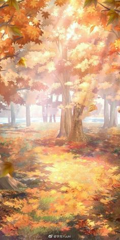 an autumn scene with leaves on the ground and trees in the foreground, sunlight shining through