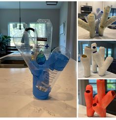 four different images show the process of making vases out of toilet paper and water bottles