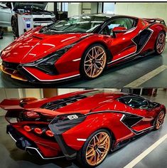 two pictures of a red sports car in a garage