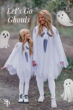 Family Of Ghosts Costume, Girly Ghost Costume, Diy Mom Costumes Halloween, Easy Ghost Costume Women, Cute Ghost Costume For Women, Mom And Me Halloween Costumes, Girls Costumes For Halloween, Girls Ghost Costume, Girl Ghost Costume