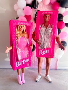 two people dressed up as barbie and ken in front of balloon wall with pink balloons