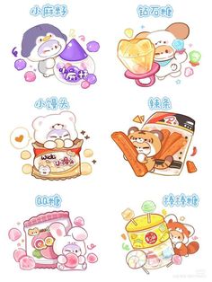 four stickers with different cartoon animals and food items on them, all in various colors