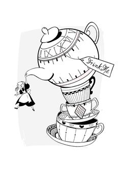 a black and white drawing of a teapot on top of a stack of coffee cups