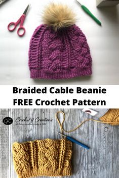 the finished cabled cable beanie is shown with scissors and yarn