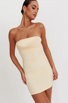 Shop the Mars Draped Strapless Mini Dress Cream | Selfie Leslie Cream Homecoming Dress, Teen Homecoming Dresses, Mini Dress Satin, It Girl Vibes, Hoco Ideas, Yellow Bridesmaid Dresses, Selfie Leslie, Purple Bridesmaids, Yellow Bridesmaids