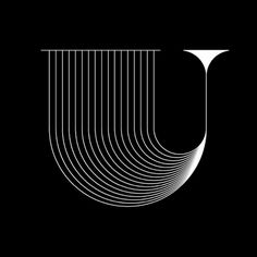 a black and white logo with lines in the shape of a letter u on a dark background