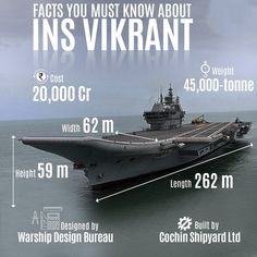 an aircraft carrier is shown in the ocean with information about its size and features on it