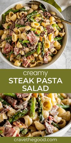 creamy steak pasta salad with asparagus and cheese