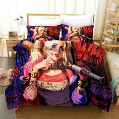 a bed with a painting of a woman holding a baseball bat