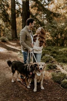 a man and woman walking two dogs in the woods