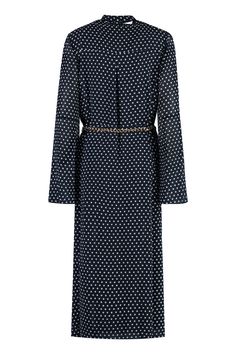 100% Polyester Designer Belted Workwear Dress, Luxury Belted Midi Dress, Luxury Belted Midi-length Dresses, Luxury Maxi Dress For Workwear In Spring, Luxury Belted Fall Dresses, Luxury Maxi Dress For Spring Workwear, Luxury Midi Length Daywear Dresses, Luxury Spring Workwear Dresses, Luxury Formal Belted Midi Dress