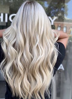 Heavy Blonde Highlights All Over, Cool Toned Blonde Hair Dark Roots, Brown To Icy Blonde, Bright Blonde Hair With Dimension, Full Blonde Hair, Cool Toned Blonde Hair, Long Pony