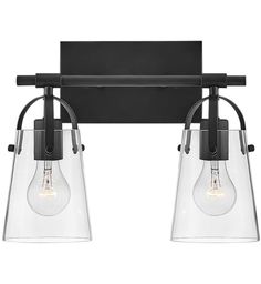 two light bathroom fixture with black finish and clear glass shades on the front, one light is