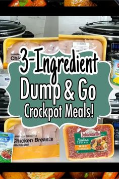 there are three different types of meats in the freezer and one is labeled 3 ingredient dump & go crockpot meals