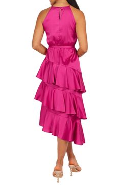 Flamenco-inspired ruffled tiers are sure to put some sashay in your step wearing this party-ready frock crafted of lustrous satin. Back keyhole with button-and-loop closure Square neck Sleeveless, with cutaway shoulders Removable sash Partially lined 100% polyester Hand wash, line dry Imported Elegant Tiered Ruffle Dress For Prom, Satin Dress With Ruffled Skirt For Party, Flirty Satin Finish Summer Dresses, Chic Tiered Dress With Layered Hem For Parties, Party Dress With Ruffled Midi Skirt, Dressy Satin Dress With Ruffles, Chic Tiered Skirt Party Dress, Elegant Tiered Midi Dress For Party, Elegant Tiered Dress For Party