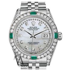 Rolex 31mm Datejust White MOP String Diamond Dial with Diamond & Emerald Bezel & Diamond Lugs SS Watch 68274 Emerald Watch, Rolex Wrist Watch, Rolex Datejust Men, Mens Rolex, Rolex Oyster Perpetual Date, Used Rolex, Rolex Milgauss, Rolex Women, Soul Contract