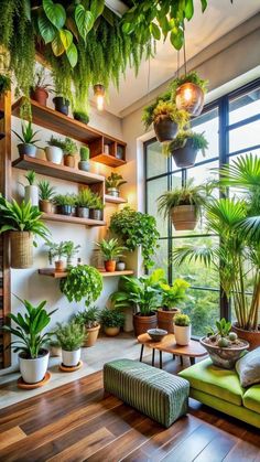 a living room filled with lots of plants and potted plants on the wall next to a window