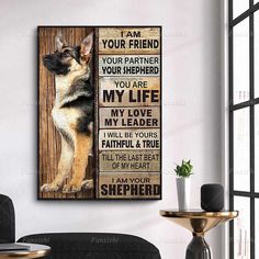 a german shepherd dog is looking out from behind a wooden panel with the words i am your friend on it