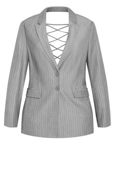 The Jazmin Pinstripe Jacket radiates sophistication with its classic collar and lapel. Featuring a sophisticated pinstripe print and an open back criss cross design, its as chic as it is unique. Key Features: - Full length sleeves - Pinstripe design - Classic collar and lapel - Open back criss cross design - Double button front closure - Shoulder pads - Functional front pockets Style with black heels and dainty jewelry for an classy look. | Plus Size Jazmin Jacket in Silver Pinstripe, Size 22 | Cheap Pinstripe Collared Shirt, Elegant Striped Notch Lapel Outerwear, Elegant Pinstripe Outerwear For Work, Spring Striped Blazer For Business Casual, Elegant Pinstripe Fall Outerwear, Chic Pinstripe Blazer For Formal Occasions, Striped Formal Outerwear For Spring, Elegant Striped Outerwear For Office, Chic Striped Blazer For Formal Occasions