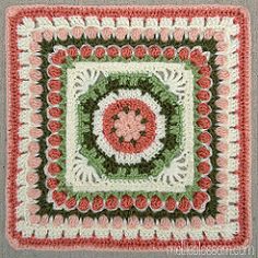 a crocheted square is shown with flowers and leaves on the center, as well as