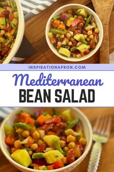 two bowls filled with bean salad on top of a wooden cutting board next to a spoon