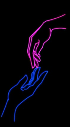 two hands touching each other in the dark with neon lights on them and one hand reaching for something