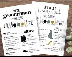 two wedding program cards with the names of brides and groom's shoes on them