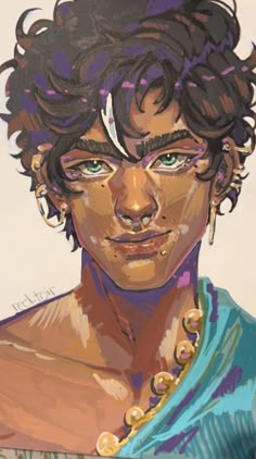 a painting of a man with curly hair and piercings on his face, wearing a blue shirt