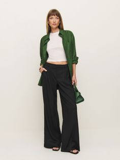 Wear the pants. Shop the Ashwin Pant from Reformation, a low-rise pant with a wide leg. Low Rise Black Pants Outfit, Low Rise Black Pants, Black Pants Outfit, Work Wear Outfits, Low Rise Pants, Vintage Inspired Dresses, Outerwear Sweater, Inspired Dress, New Tops