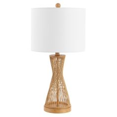 a table lamp with a wooden base and white lampshade on the bottom side