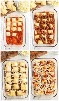 four images showing different stages of making lasagna casserole