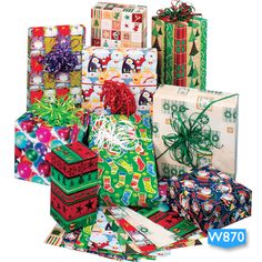 many wrapped presents are stacked on top of each other