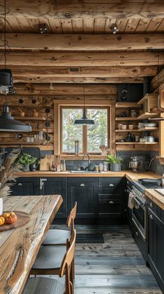 a kitchen with wooden walls and flooring next to a table filled with fruit on top of it