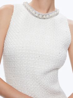 Coley Embellished Mini Dress In Off White | Alice And Olivia Pearl Embellished Mini Dress For Wedding, Chic Pearl-embellished Mini Dress For Cocktail, Elegant Sleeveless Embellished Mini Dress, Tweed Mini Dress, Embellished Mini Dress, White Tweed, High Neck Sleeveless, Beaded Collar, Alice And Olivia