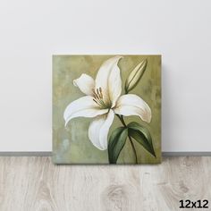 a painting of a white lily on a green background