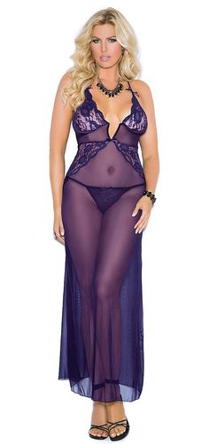 Beautiful dark amethyst sexy long floor length nightgown dress with lace bodice. * Plunging neckline * Adjustable criss cross straps * Comes with matching G-string Panty * Sizes up to 5x * By Elegant Moments Dark Purple Gown, Midnight Gown, Spring Lingerie, Night Gown Lingerie, Lingerie Gown, Mesh Gown, Long Nightgown, Purple Gowns, Sheer Gown