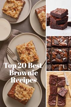 the top 20 best brownie recipes for desserts and dessert bars are on white plates