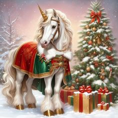 a white unicorn standing next to a christmas tree with presents in front of it on snow covered ground