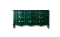 a green dresser with gold handles and drawers on it's sides, against a white background