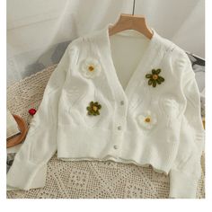 V-Neck Floral Cropped Cardigan Sweater – Tomscloth White Cardigan With Buttons For Spring, White Buttoned Cardigan For Spring, White Long Sleeve Cardigan With Buttons, White Buttoned Sweater For Spring, White Knitted Cardigan For Spring, Spring White Buttoned Sweater, White Knit Cardigan For Spring, Aesthetic Sweaters, Crop Top Long Sleeve