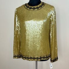 Parisian Room Gold Silk Blouse Embellished Black And Gold Sequins Design Back Zipper And Closure Size Medium Sign Up For A $10 Off Your First Purchase With Code Jennixe Elegant Gold Crew Neck Top, Glamorous Long Sleeve Tops For Celebration, Embellished Formal Top For Fall, Formal Embellished Tops For Fall, Elegant Tops For Fall Celebration, Elegant Fall Celebration Tops, Chic Embellished Gold Tops, Spring Evening Crew Neck Blouse, Crew Neck Evening Blouse For Spring