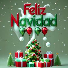 a christmas tree surrounded by presents and balloons with the words feliz navidad