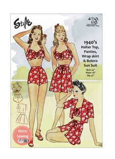 Ready Printed Pattern 1940's Four Piece Sun/Swim Suit comprising of  Halter Bra, Pants, Wrap Skirt and Bolero. Can be  made from odd lengths of fabric but would look  fantastic in bright Hawaiian prints. Recommended fabrics: Cottons - Linen  Wool Jersey - Plastics The pattern is Bust 34 ins. Waist 28 ins. Hip 37 ins. The Pattern comes with Step by Step Instructions  and a Helpful sewing guide I recommend you make a toile/muslin for the main  pieces to get the fitting right. Skill Level: Advanced Vintage Bathing Suit Patterns, Suit Sewing Patterns, Vintage Bathing Suit, Pin Up Swimsuit, Bathing Suit Patterns, Dresses 50s, Swimsuit Skirt, Sewing Guide, 1940's Fashion