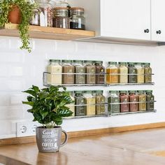 a potted plant sitting on top of a wooden counter next to a spice rack